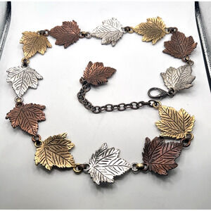 FALL Multi-colors Silver Brass & Copper Leaves Long Antique Brass Chain Belt 41"